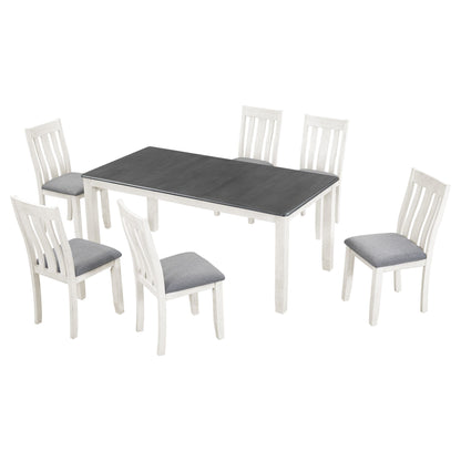 Retro Style 7 Piece Dining Table Set With Extendable Table And 6 Upholstered Chairs - Gray / White