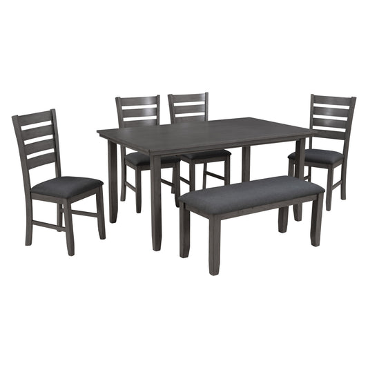 Dining Set For 6, Upholstered Chairs, Includes Table, 4 Chairs, And 2 Person Bench - Gray