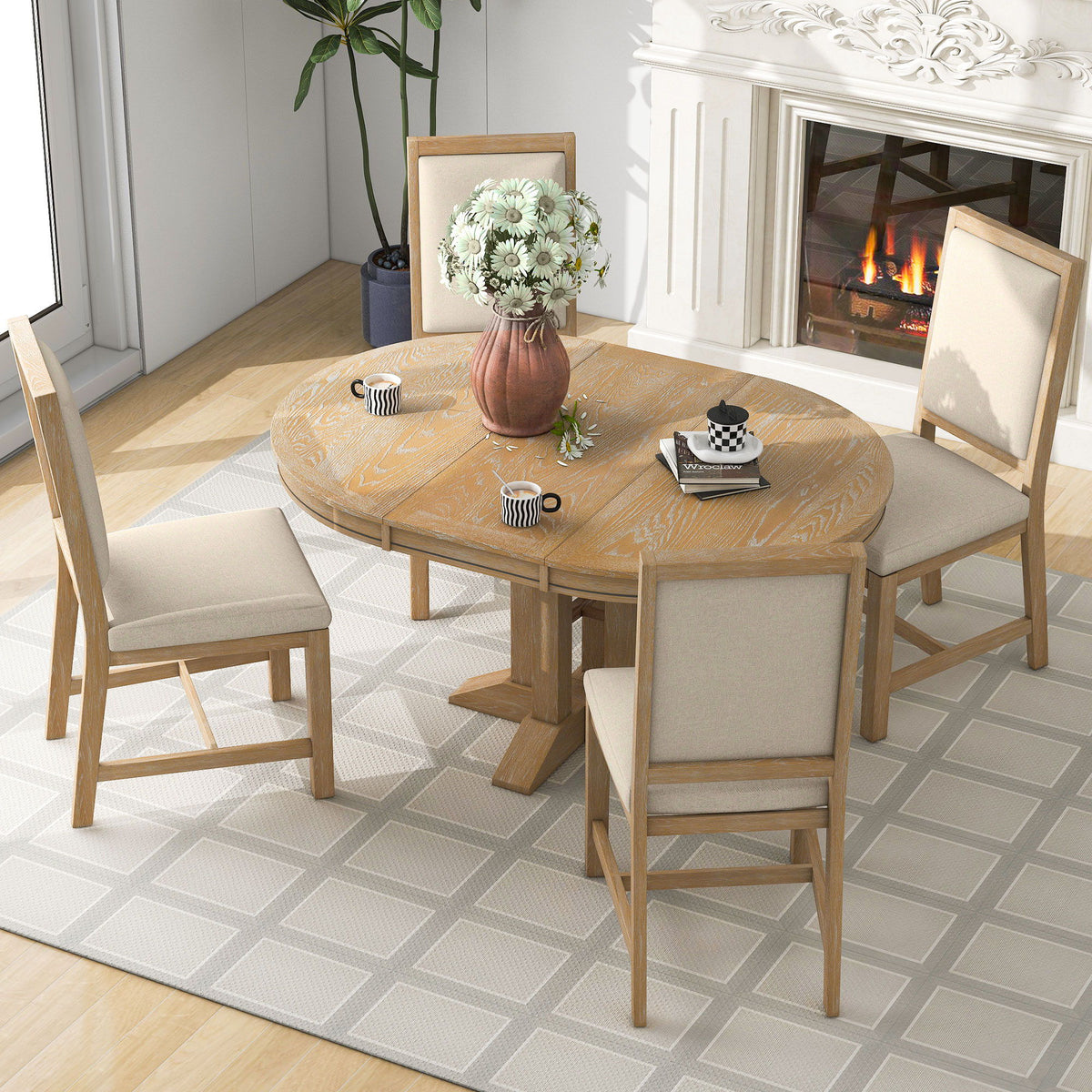 Dining Set & Extendable Round Table And 4 Upholstered Chairs