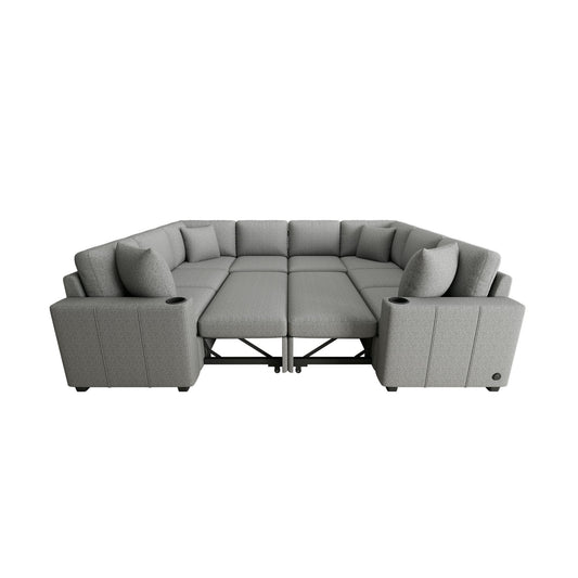 Modern U-Shaped Sectional Sofa Convertible Pull-Out Sofa Bed With USB Ports And Cup Holders