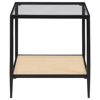 Amherst - Glass Top Metal with Cane Shelf End Table - Black