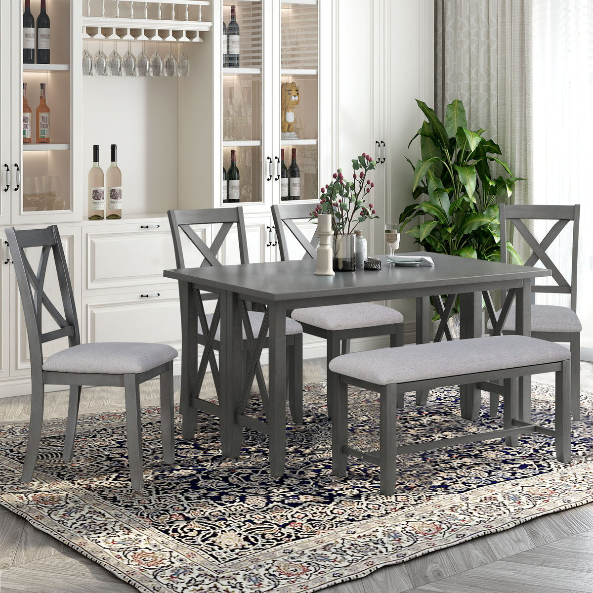 Foldable Dining Set For 6 With 4 Chairs And Bench, Space Saving Design - Gray