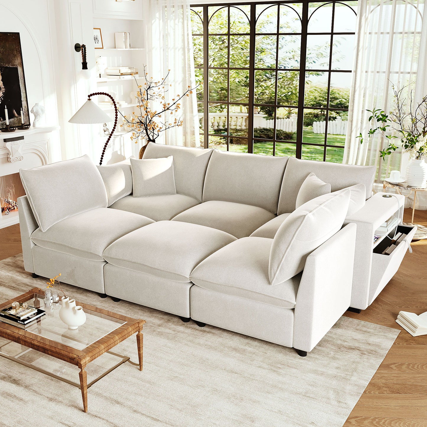 Modern Sectional Sofa U-Shaped With Movable Ottoman Storage Armrests And USB Ports