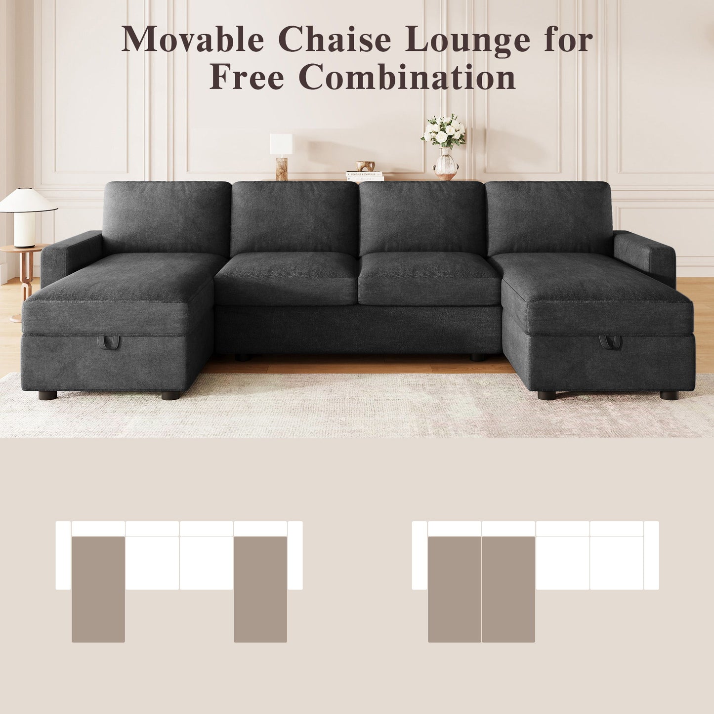 Convertible Sectional Sofa With Storage Chaise Lounges And USB Ports
