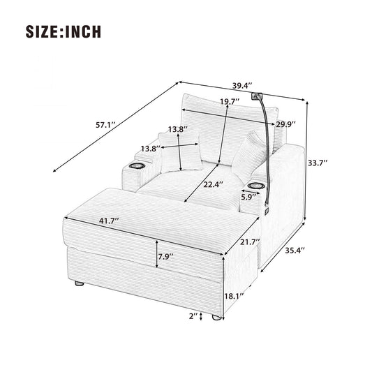 Single Sofa Couch With Storage Space, Movable Ottoman, USB Ports, Cup Holders, Phone Holder