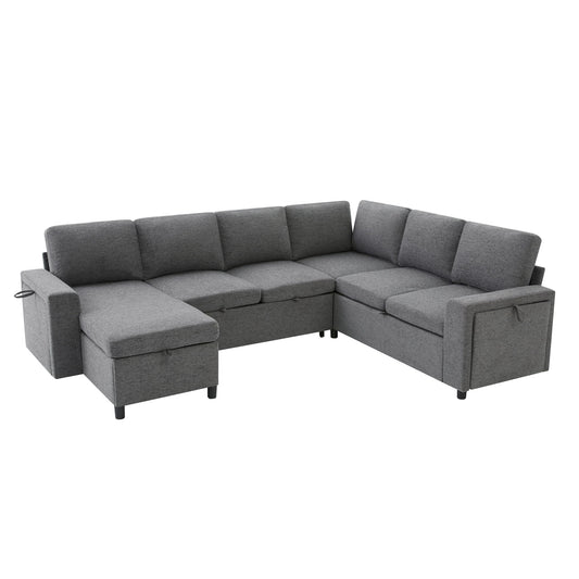 U - Shaped Convertible Sectional Sofa Bed With Storage, USB Charger & Cup Holders