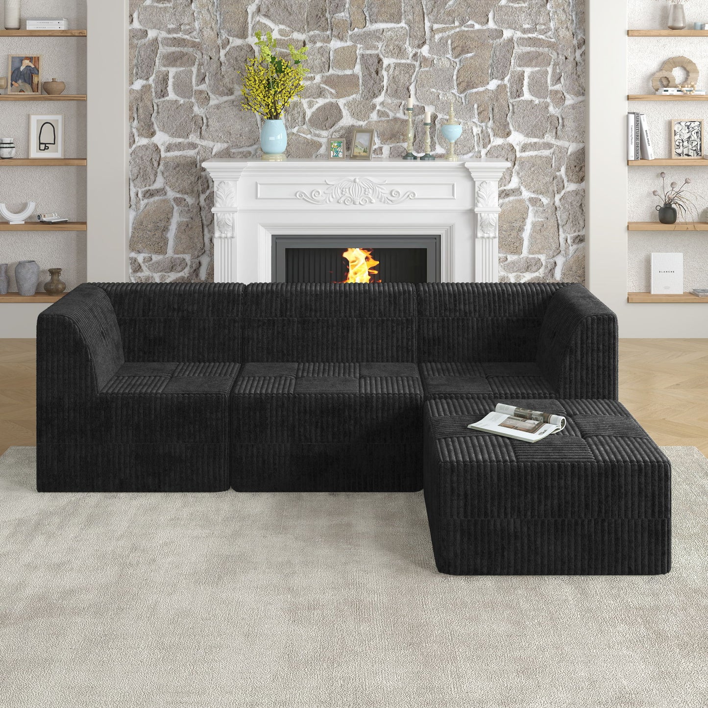 Modern Minimalist L Shape Modular Sectional Sofa, Sleeper Corduroy Couch