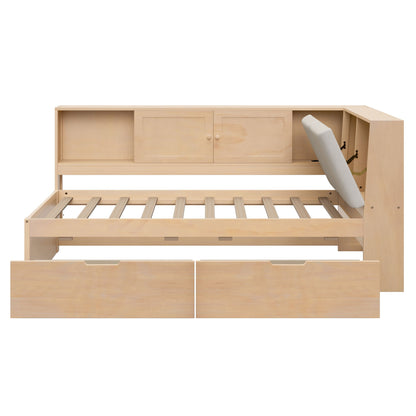 Twin L - Shaped Daybed With Storage Bookcase, Upholstered Headboard, USB Charging Ports & Hidden Drawers - Natural