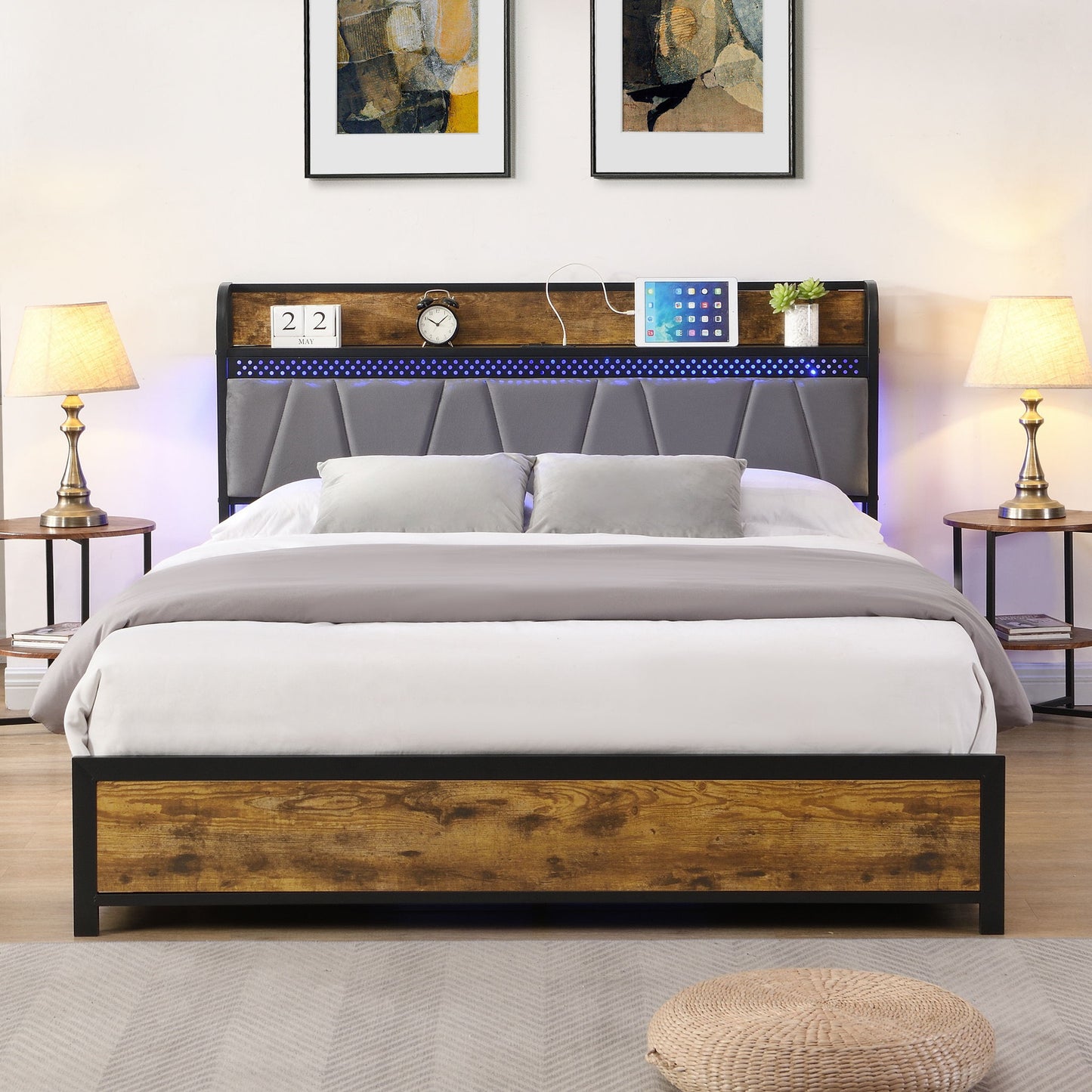Modern Bed Frame With LED Lights, Upholstered Headboard, USB Charging