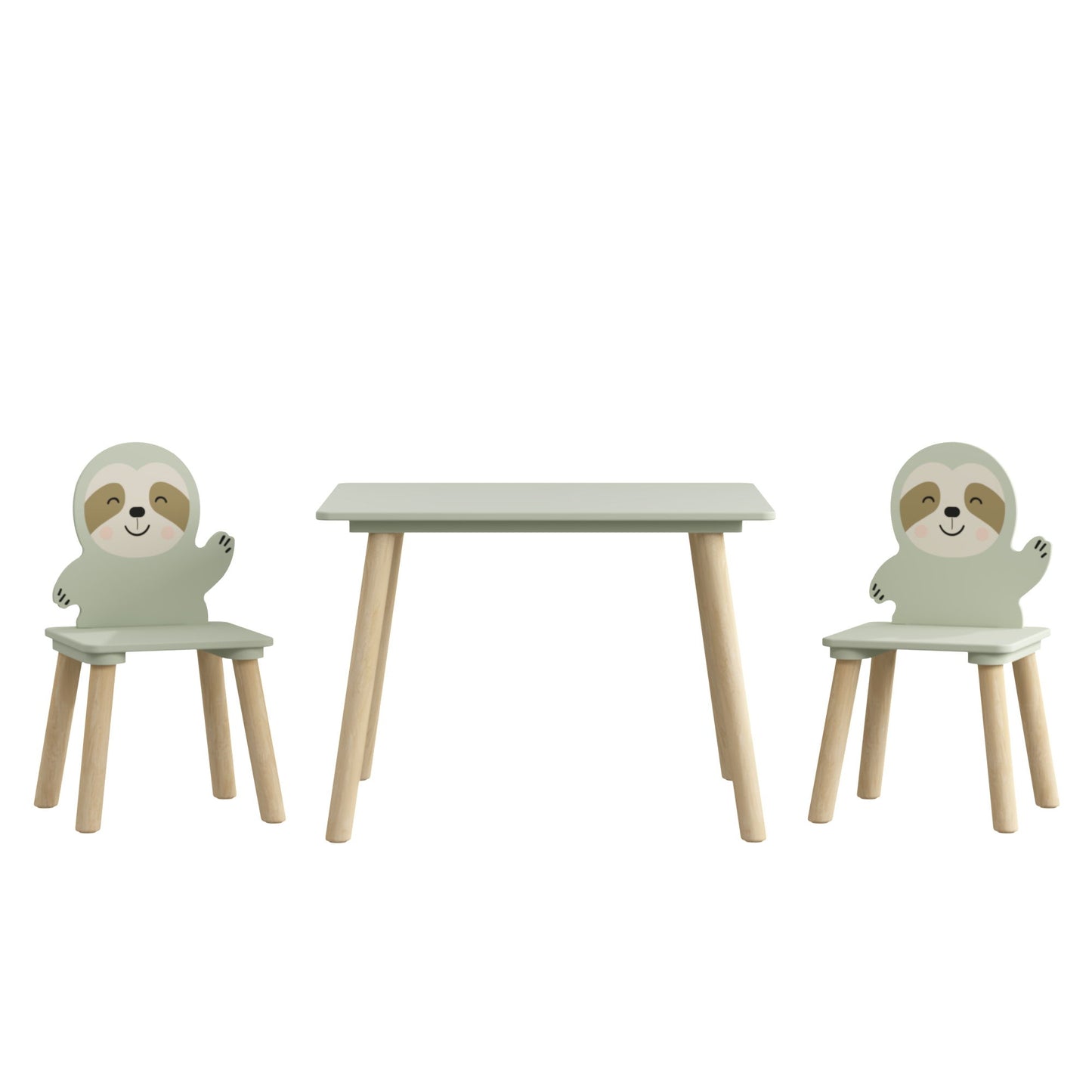 Sloth Themed Table And Chair Set With 2 Cute Animal Chairs - Natural Wood / Sage Green