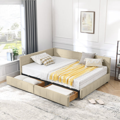 Mid-Century Storage Upholstered Tufted Bed Frame With Backrest And Armrests