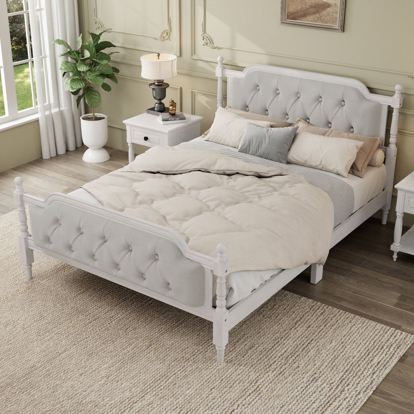 Traditional Style Solid Bed Frame With Upholstered Tufted Headboard, No Box Spring Needed