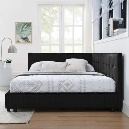 Mid-Century Storage Upholstered Tufted Bed Frame With Backrest And Armrests