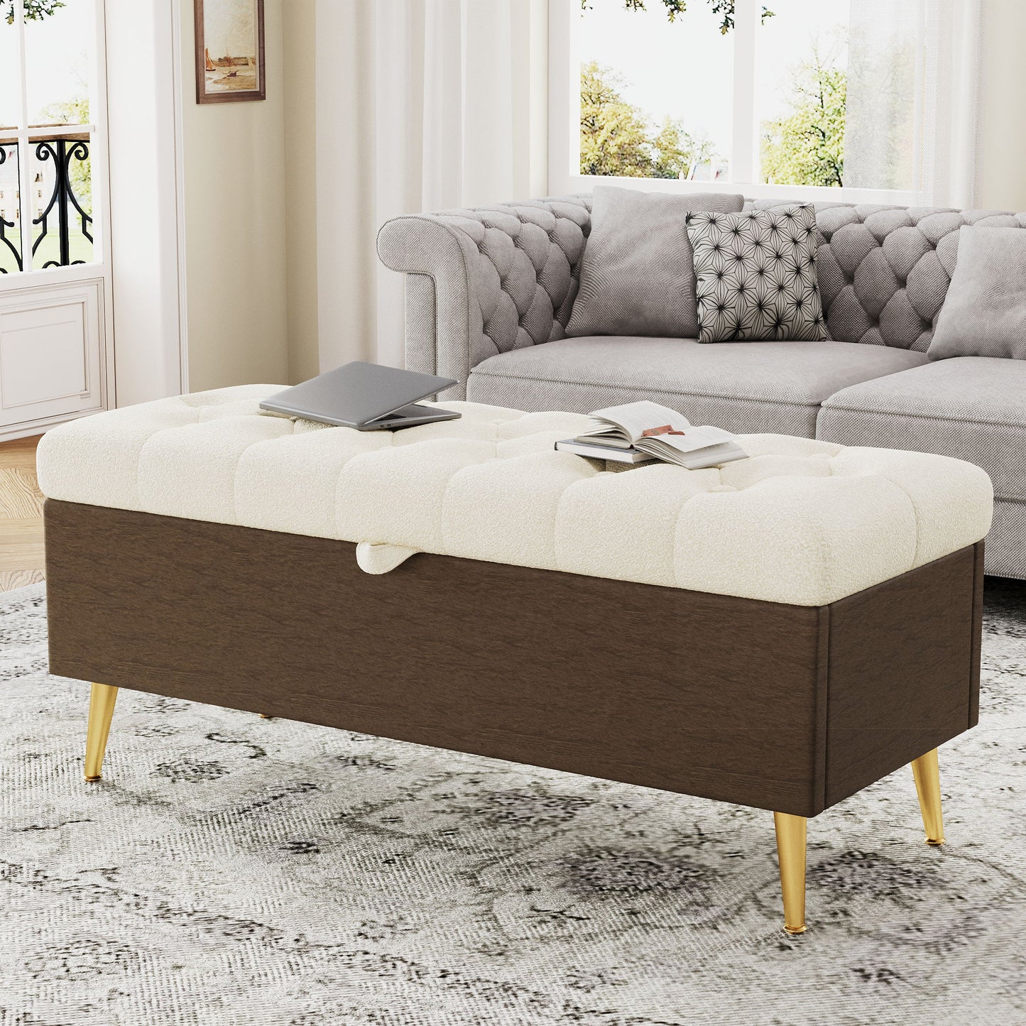 Modern Tufted Storage Ottoman Bench With Metal Legs
