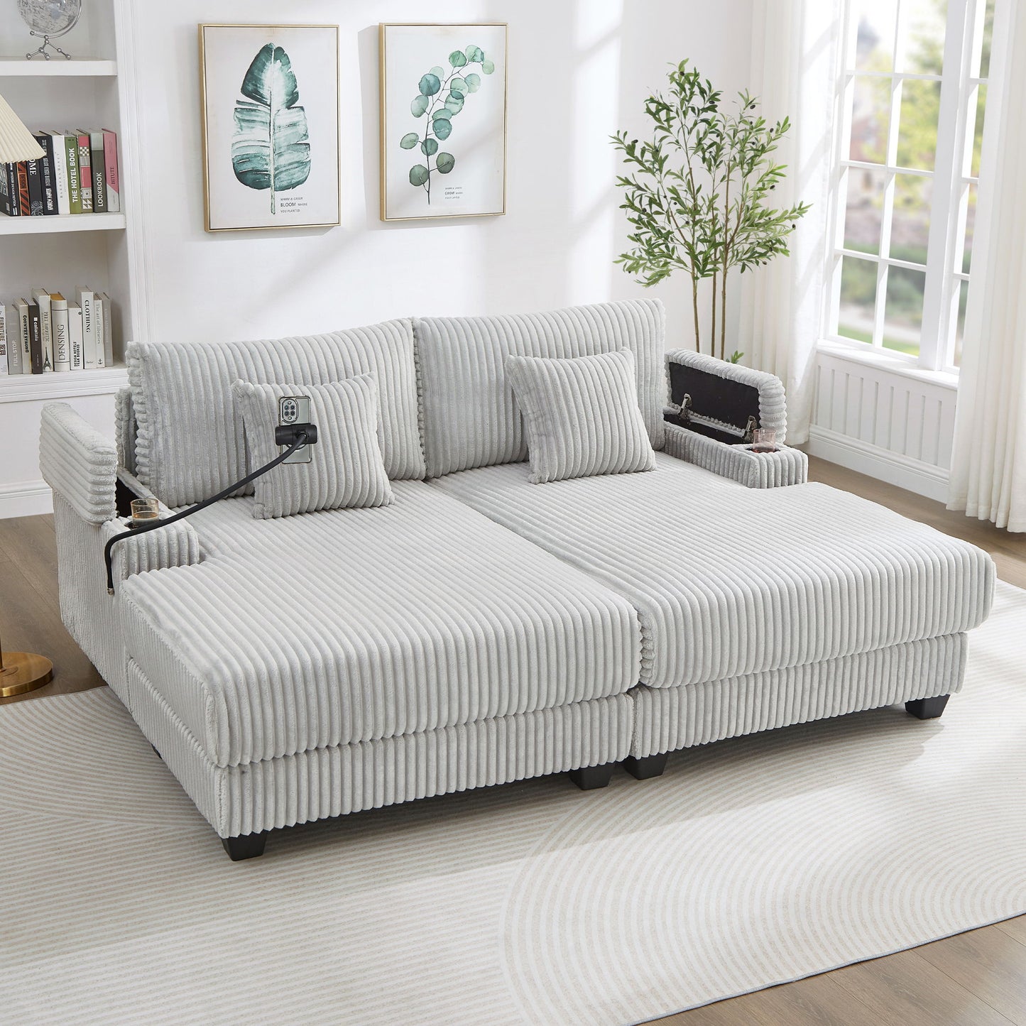 Modern Chaise Sofa With Adjustable Backrest, Cup Holders, Phone Holder & Storage Compartments For Living Room