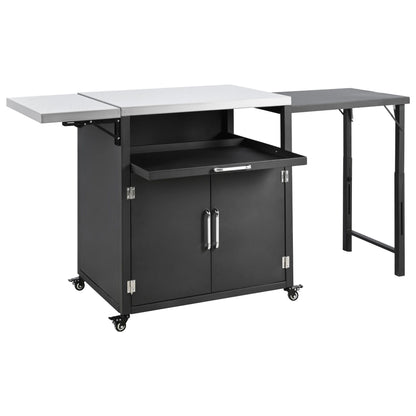 Versatile Outdoor Cabinet With Folding & Expandable Work Surfaces, Ample Storage Space, And Lockable Wheels - Matte Black