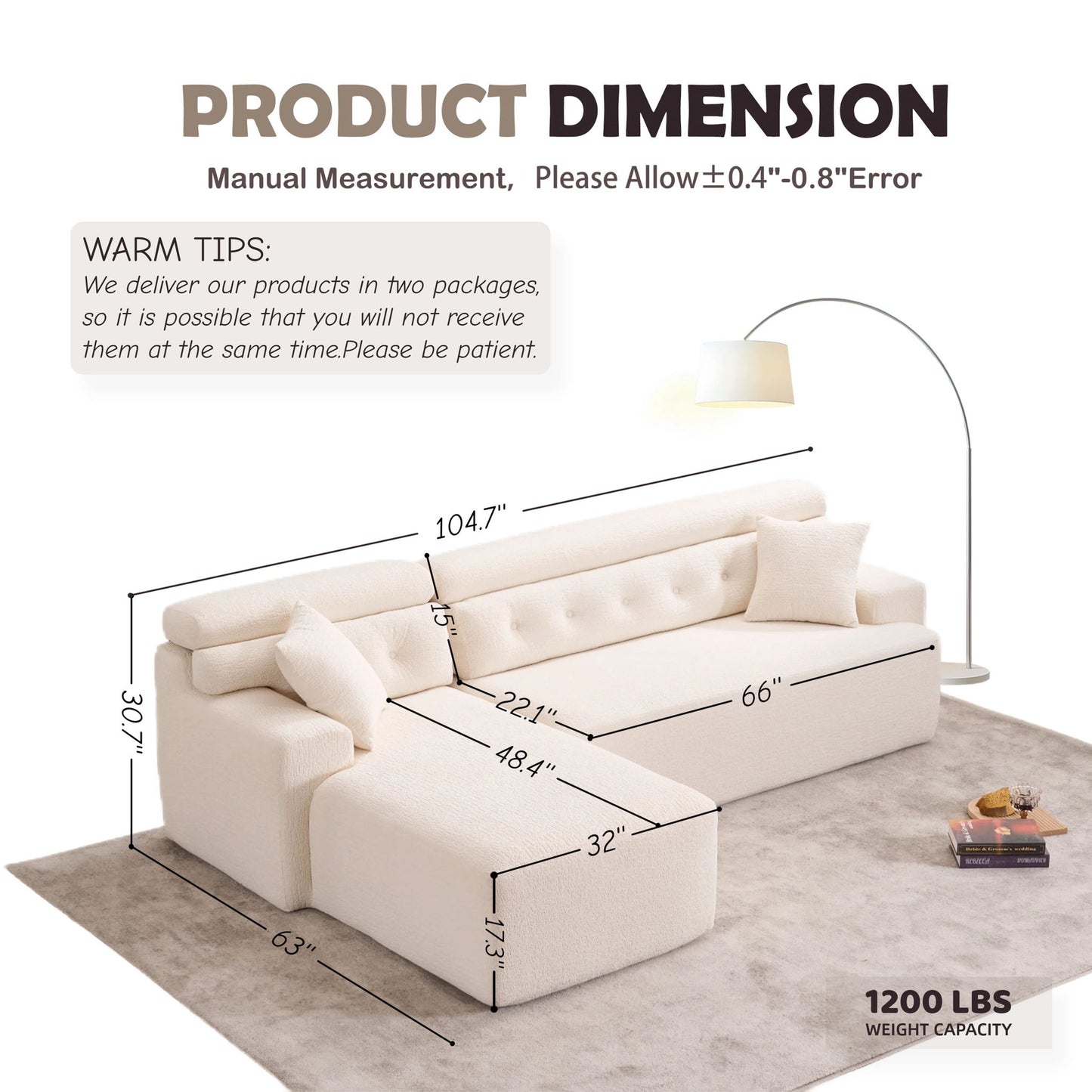 Ly 029B Convertible Chaise Sectional Sofa Full Compression Sponge Modular Couch Cloud 3 Seater Wood Grain Chenille 2 Pillows - Antique White