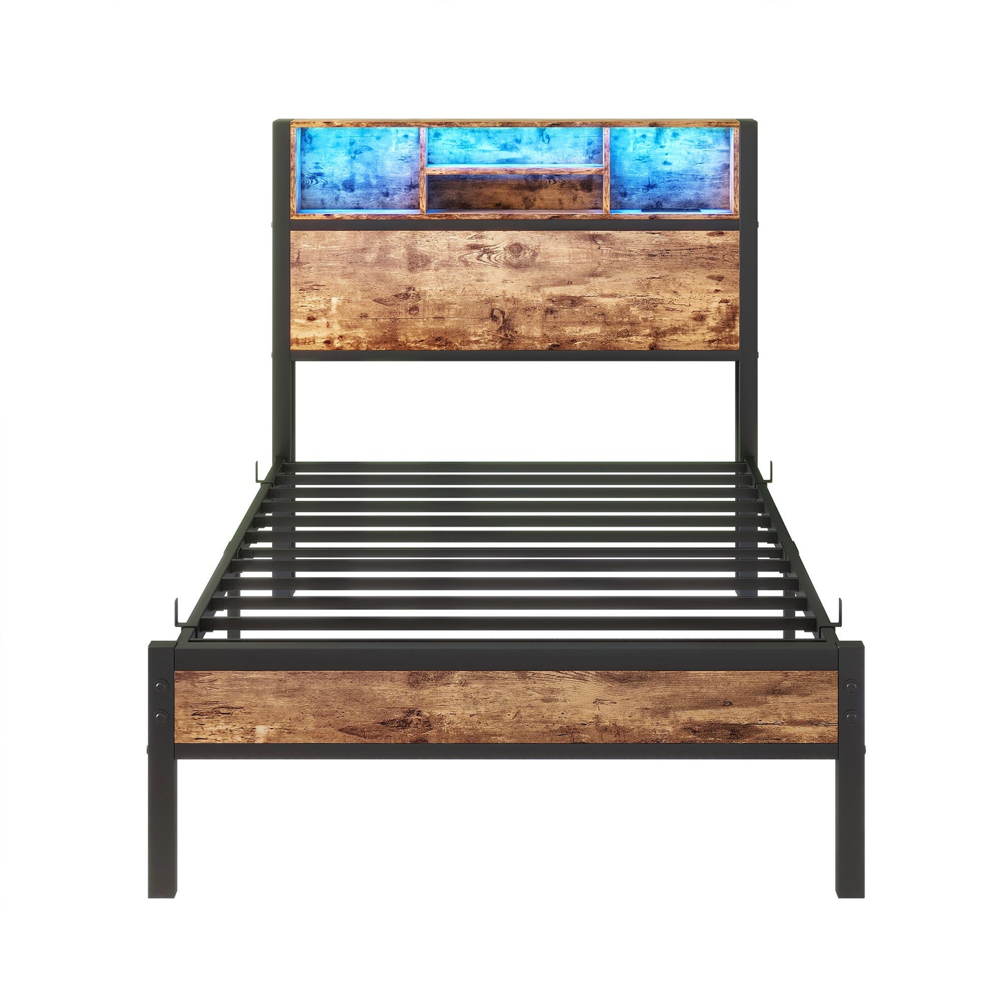 Modern Twin Size Metal Platform Bed Frame With Storage Headboard And Charging Station - Brown