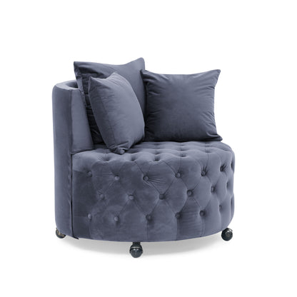Modern Upholstered Swivel Chair With Button Tufted Design And Movable Wheels