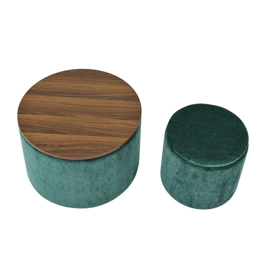 Classic 2 Piece Round Storage Ottoman Set With Drum Shaped Stool