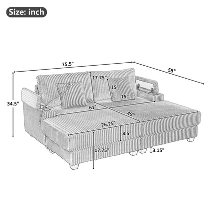 Chaise Sofa With Adjustable Backrest, Cup Holders, Phone Holder & Storage Compartments For Living Room - Light Gray