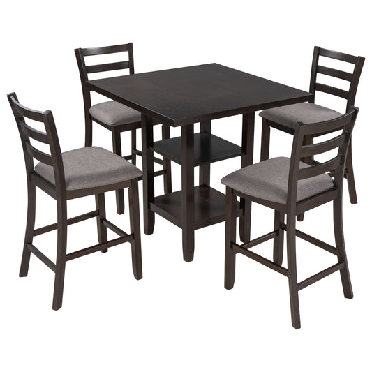 5 Piece Wooden Counter Height Dining Set With Padded Chairs, Storage Shelving