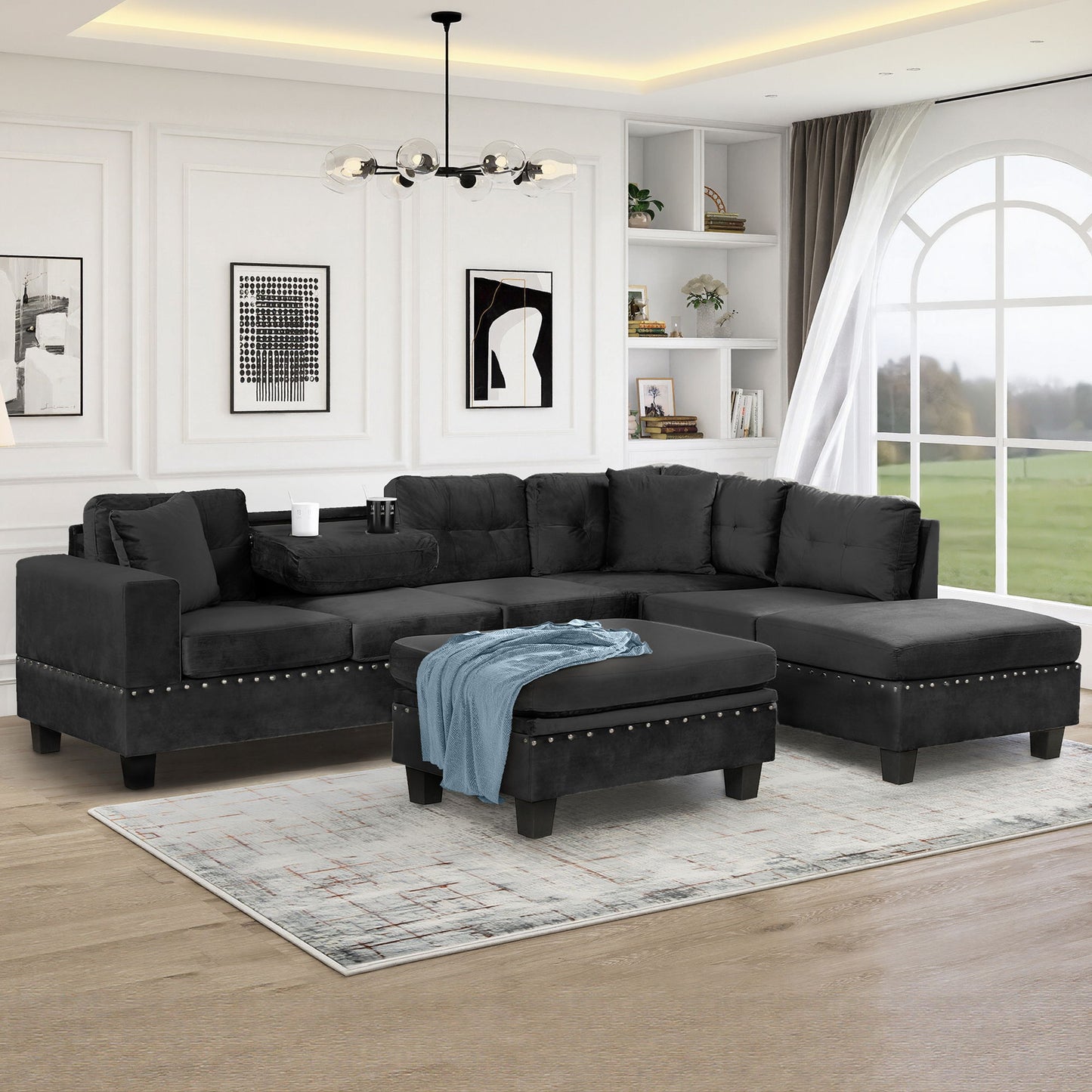 Modern Sectional Sofa With Storage Ottoman, L - Shape Couch With 2 Pillows And Cup Holders