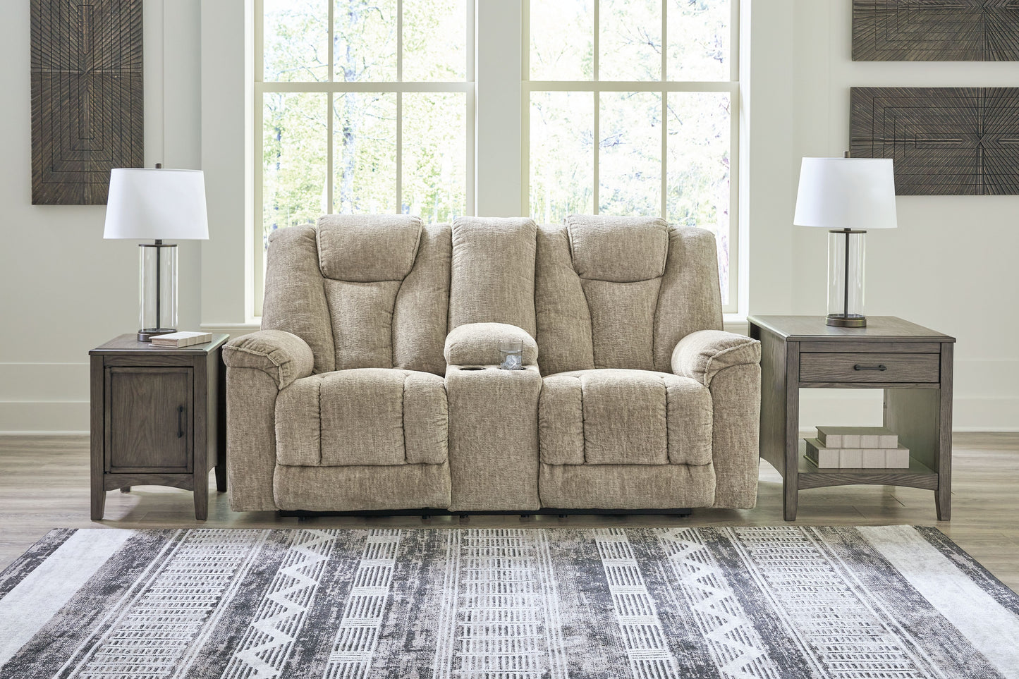 Hindmarsh - Stone - Power Reclining Loveseat with Console/ Adj Hdrst