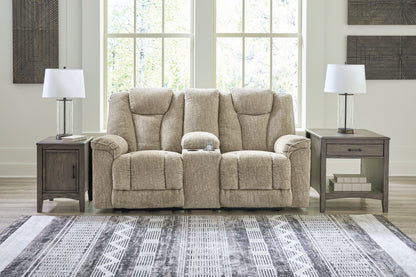 Hindmarsh - Stone - Power Reclining Loveseat with Console/ Adj Hdrst