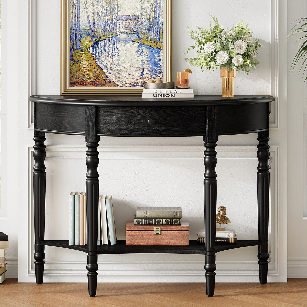 Half Moon Console Table With Drawer & Shelf Accent Table For Entryway - Black