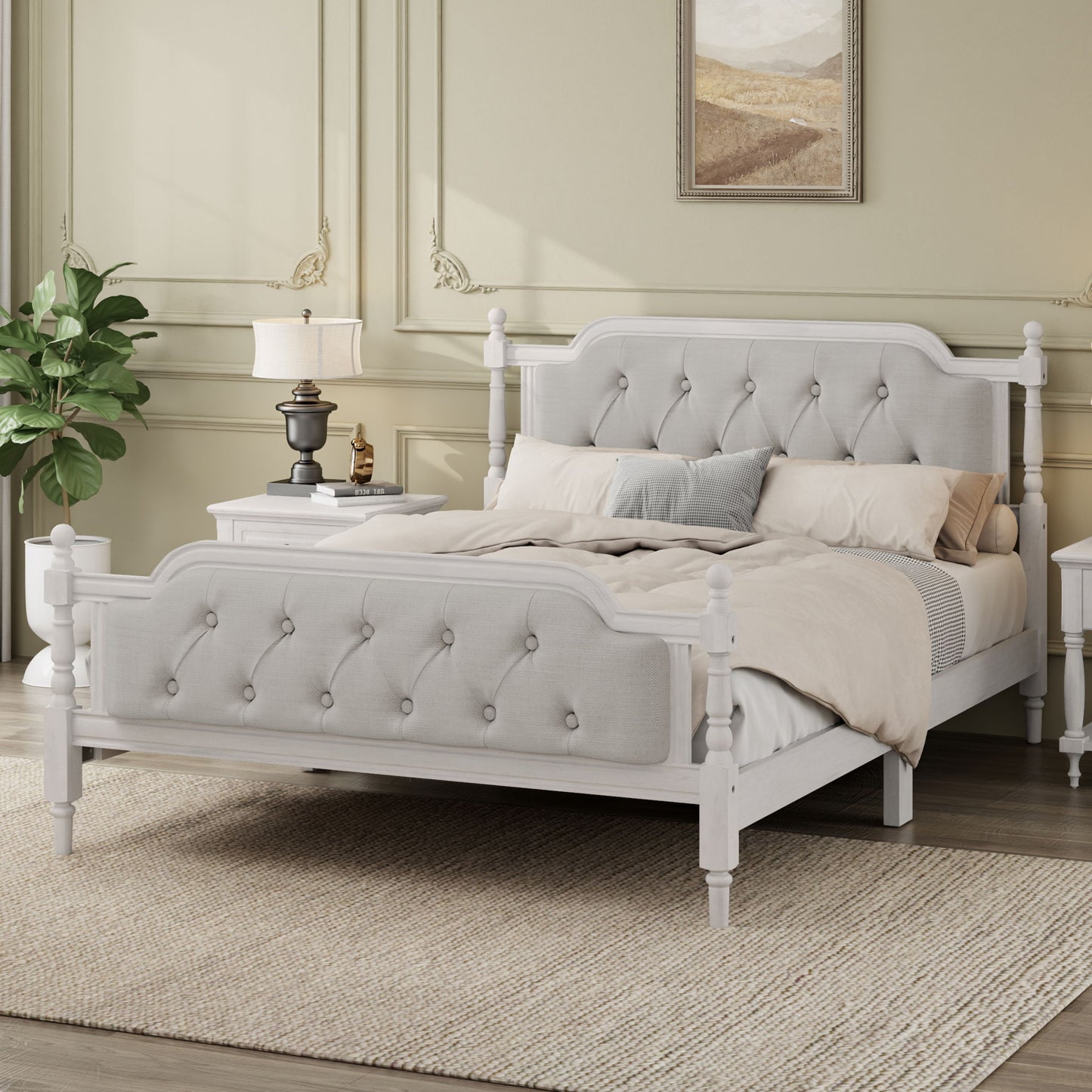 Traditional Style Solid Bed Frame With Upholstered Tufted Headboard, No Box Spring Needed