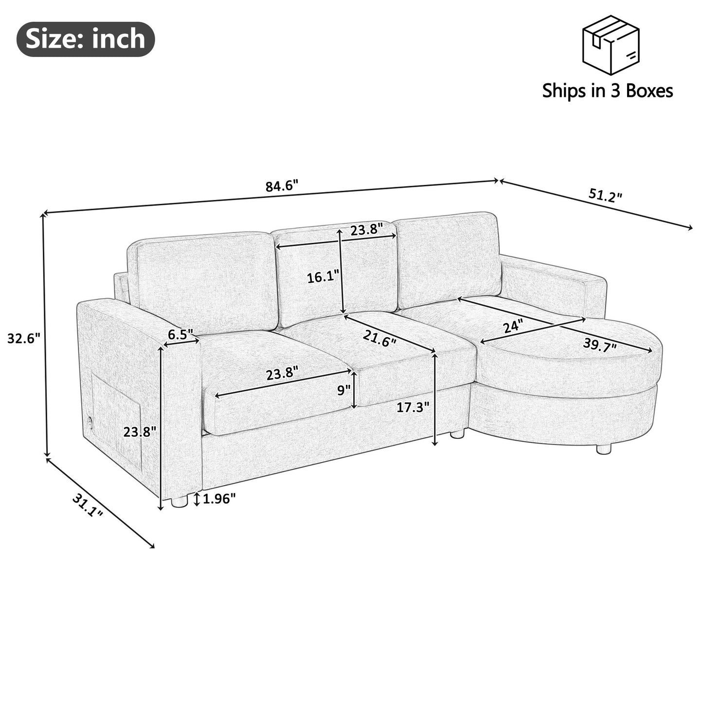 Modern L-Shaped Sectional Sofa With Curved Chaise, USB Ports, And Side Storage Pockets