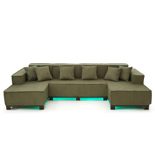 U-Shaped Sectional Sofa With RGB LED Light Strip And 6 Pillows