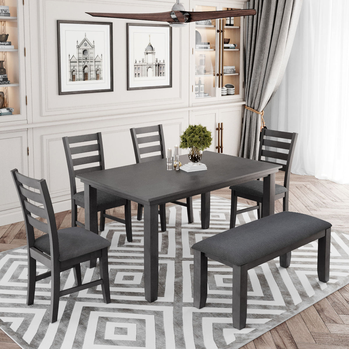 Dining Set For 6, Upholstered Chairs, Includes Table, 4 Chairs, And 2 Person Bench - Gray