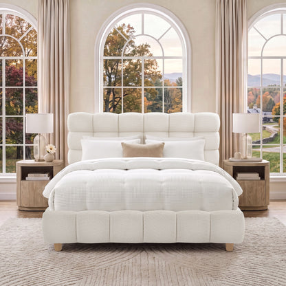 Pula - Queen Platform Bed With Upholstered Headboard, Slat Support, No Box Spring Needed - Ivory