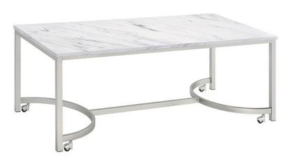 Leona - Faux Marble Coffee Table With Casters - Satin Nickel