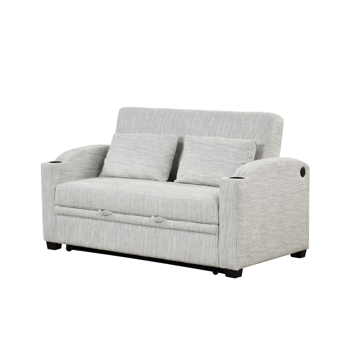 Pull Out Loveseat Sofa With Adjsutable Backrest, 2 Pillows, Cup Holders, USB Ports For Living Room