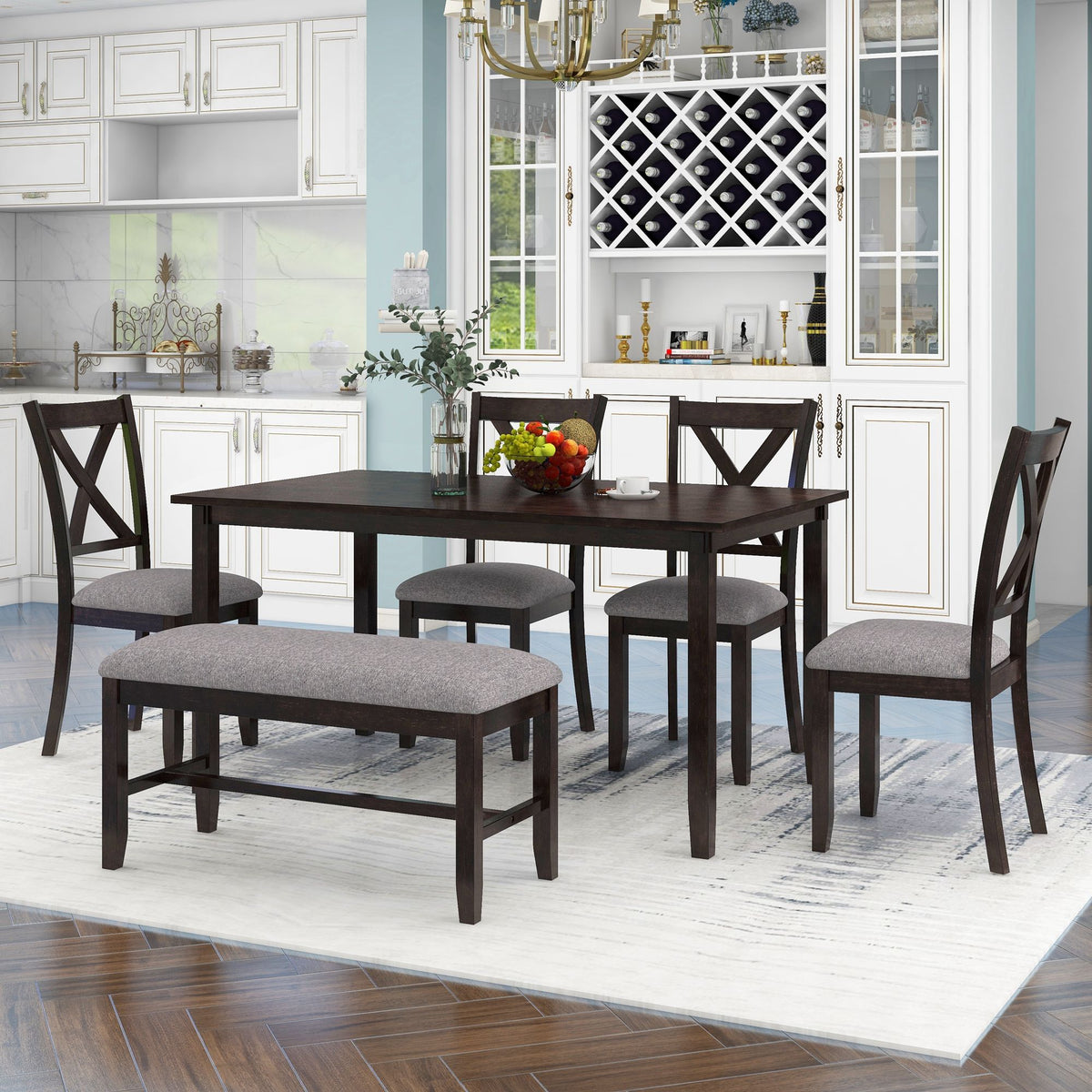 6 Piece Rectangular Dining Table Set With 4 Chairs And Bench