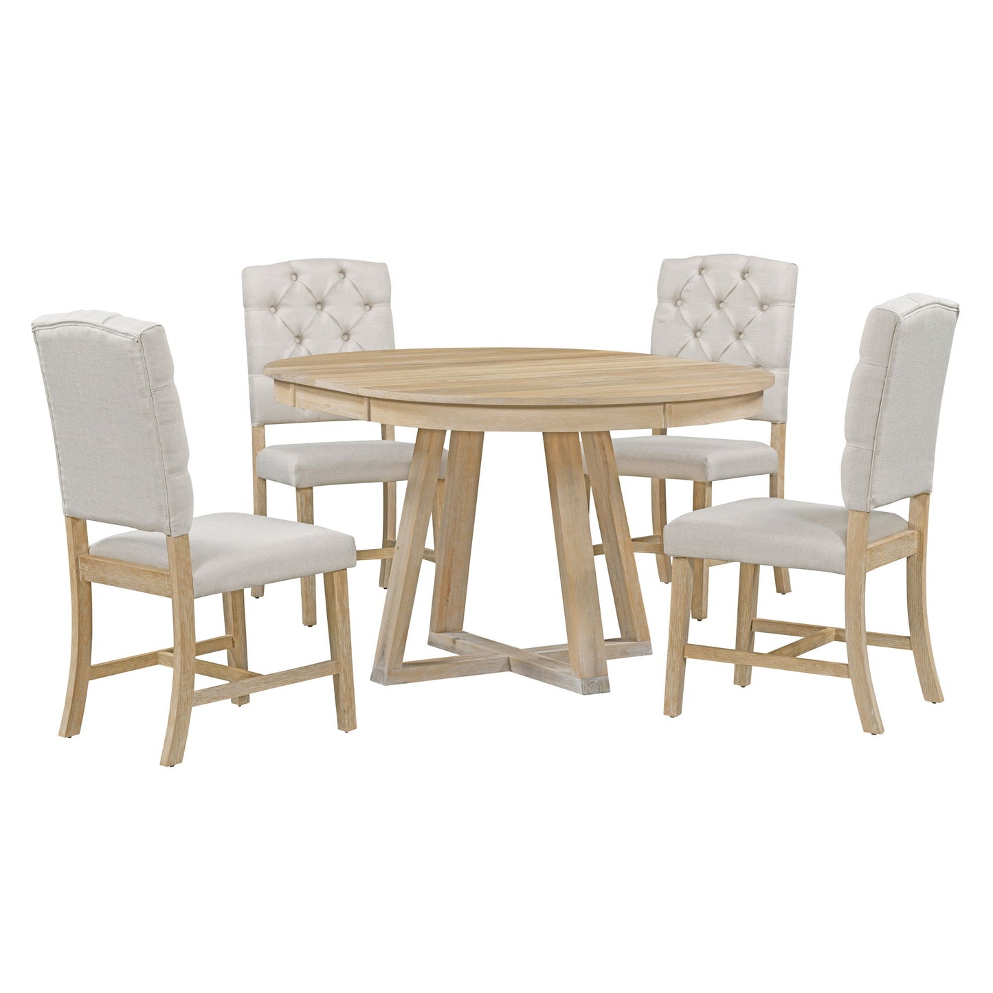 Retro Functional Dining Set, Round Table With Leaf And Upholstered Chairs For Dining Room And Living Room
