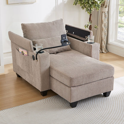 Convertible Chaise Lounge Sofa Chair With USB Ports, Cup Holders, Phone Holder And Storage