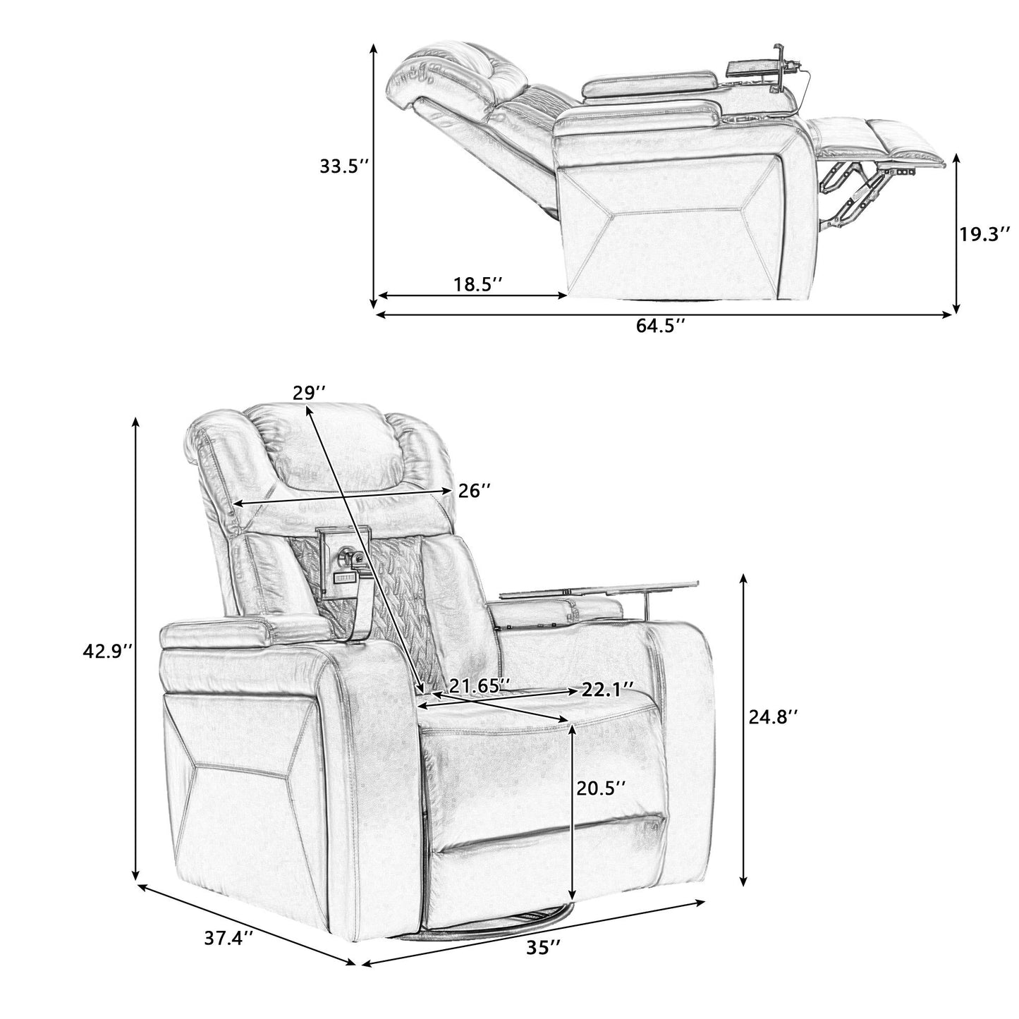 270 Degree Swivel Power Recliner With Tray Table, Phone Holder, Cup Holder, USB Port