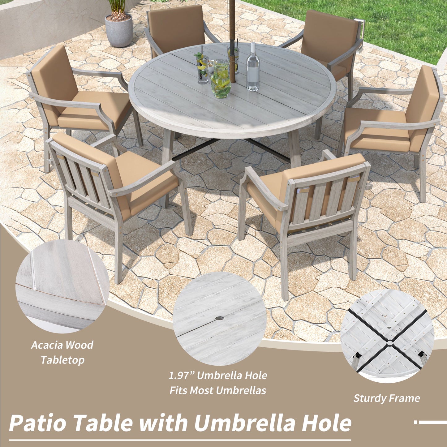 6 Person Outdoor Dining Set With Umbrella Hole And Removable Cushions For Patio - Gray