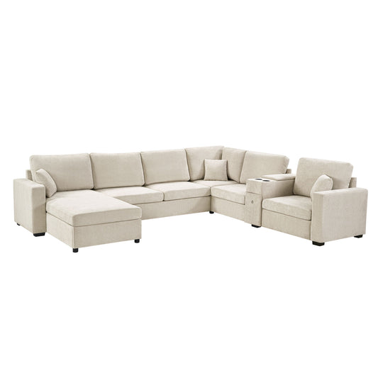 Modular 5 Seat U-Shape Sectional Sofa With Chaise Lounge, Built In Cup Holders And Storage Drawer