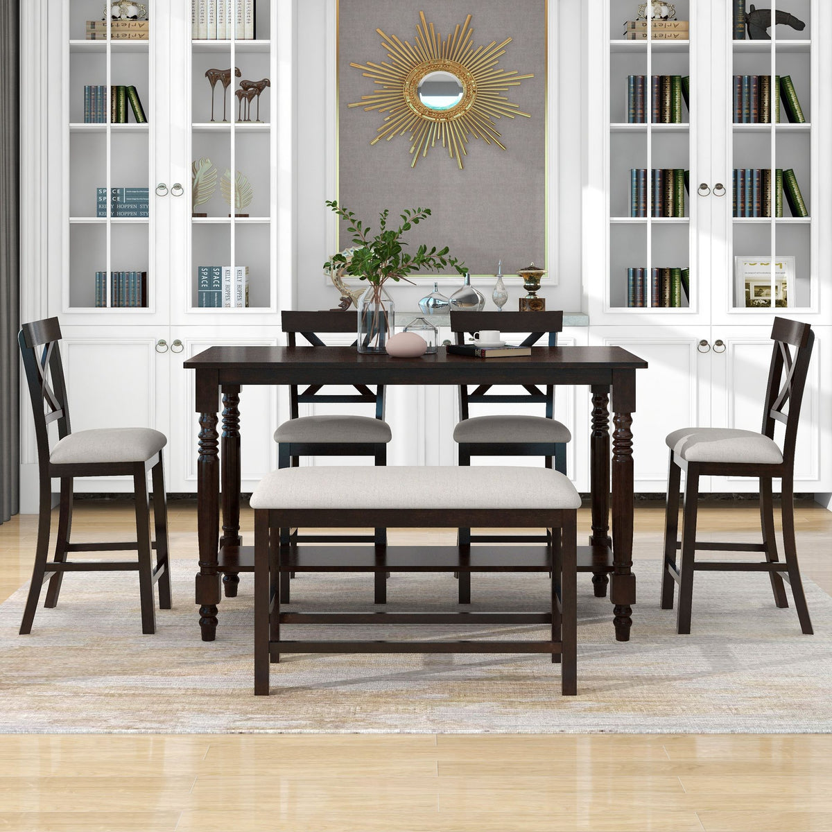 Counter Height Dining Set With Shelf, 4 Chairs And Bench