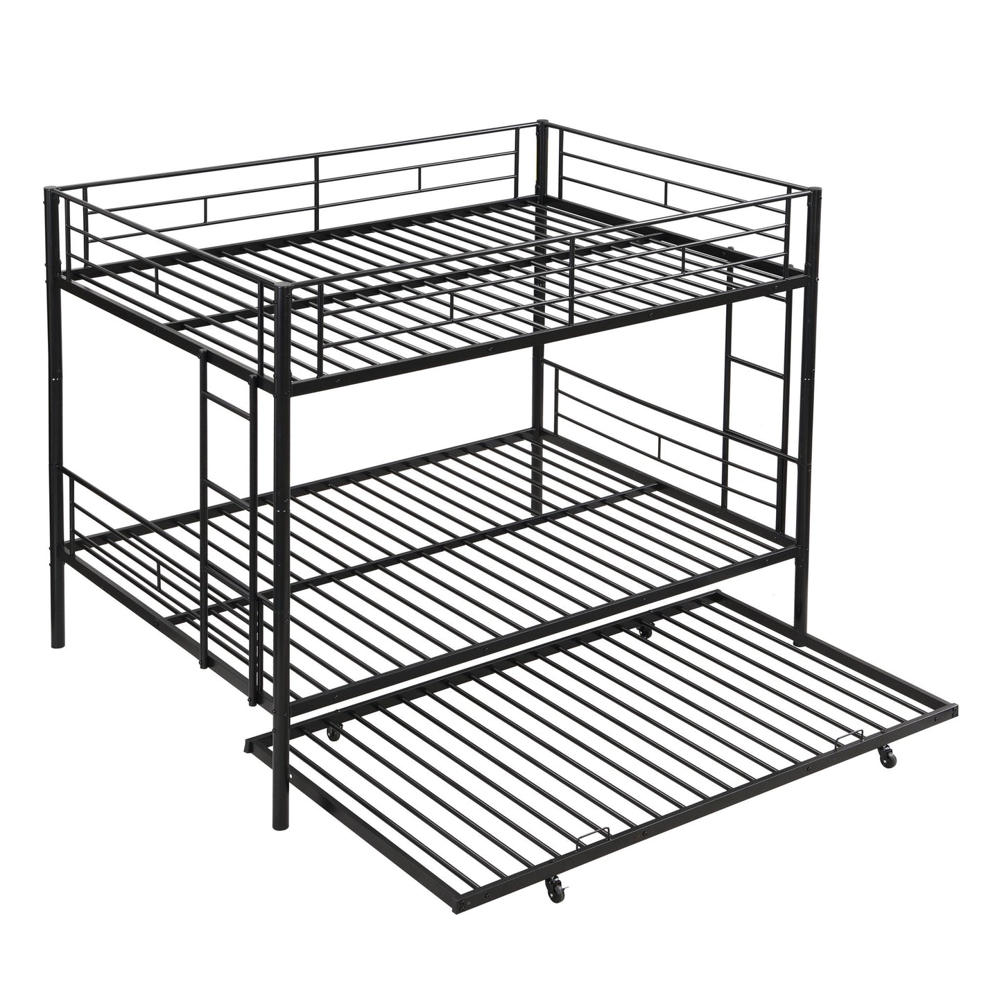 Full Over Full Modern Metal Bunk Bed With Trundle - Black