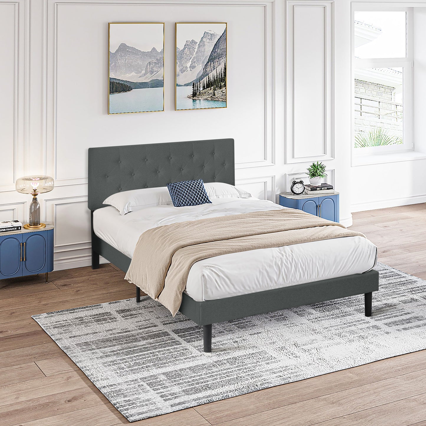 Modern Upholstered Platform Bed Frame With Button Tufted Linen Fabric Headboard