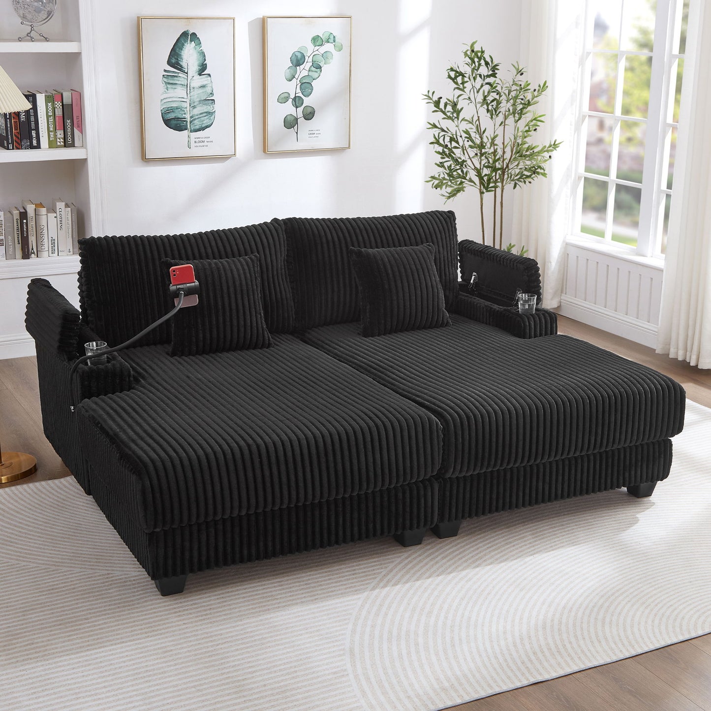 Modern Chaise Sofa With Adjustable Backrest, Cup Holders, Phone Holder & Storage Compartments For Living Room