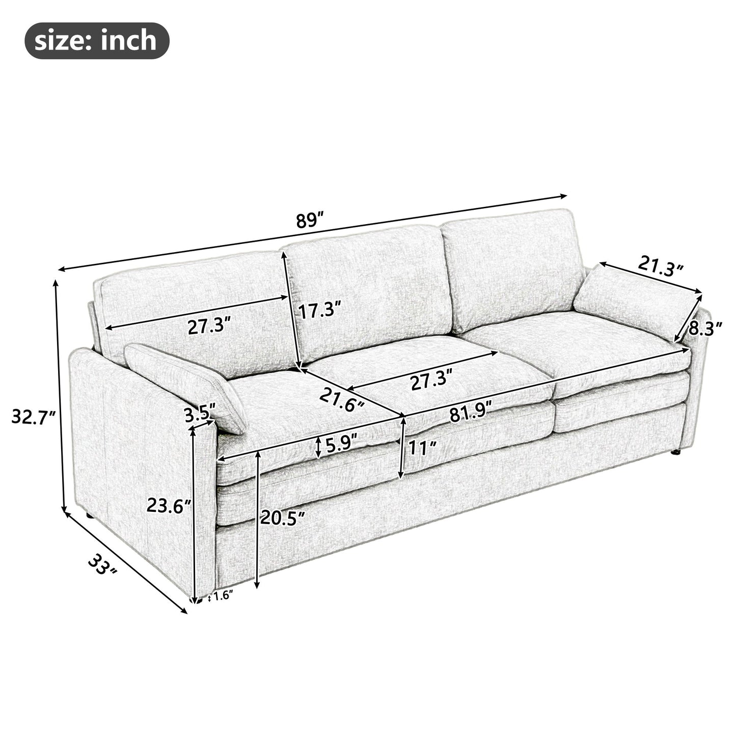 Cozy Upholstered 3 Seater Sofa Plush Cushion For Living Room