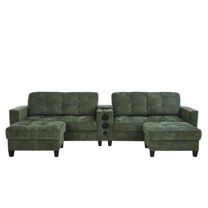 Modern Sectional Sofa U-Shaped With Movable Ottomans, tooth Speakers, LED Lights And Modular Storage