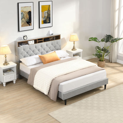 Modern Upholstered Platform Bed Frame With Button Tufted Headboard And USB Ports
